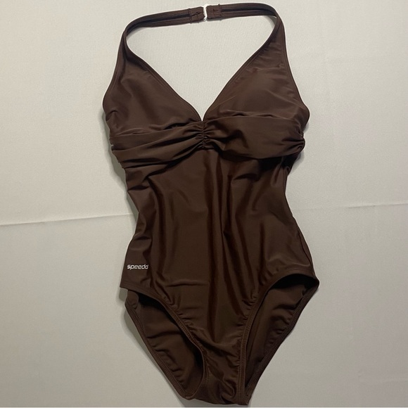 Speedo Size 8 Women's Chocolate Brown Halter Neck One-Piece Swimsuit - Picture 1 of 6